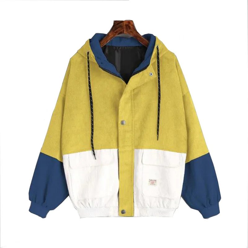 corduroy color block drawstring hooded jacket