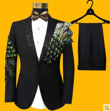 

2018 Popular Men Suits Sequins Peacock Pattern Fashion Slim Black Embroidered Male Singer Show Tuxedos Party Prom Men Suits Sets