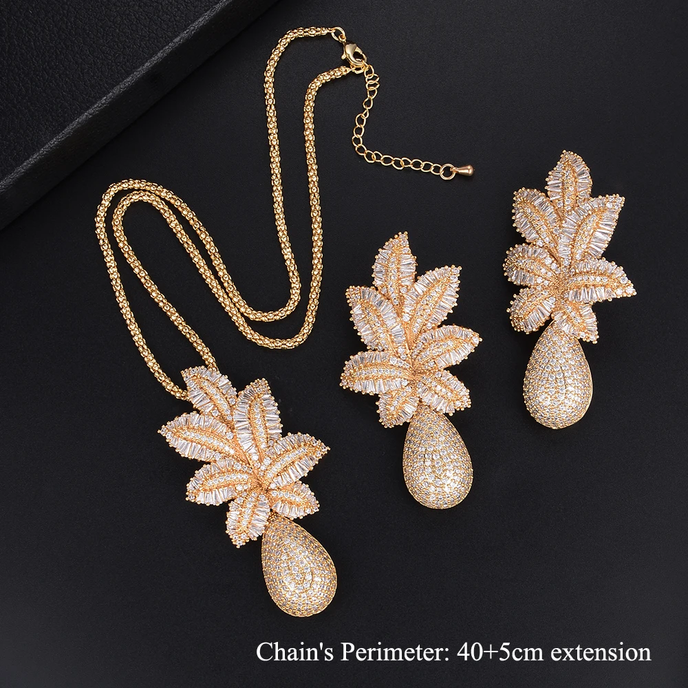 

GODKI 65mm Luxury Leaf Flower Water Drop Women Wedding Cubic Zirconia Choker Necklace Earring Dubai Jewelry Set Jewellery Sets