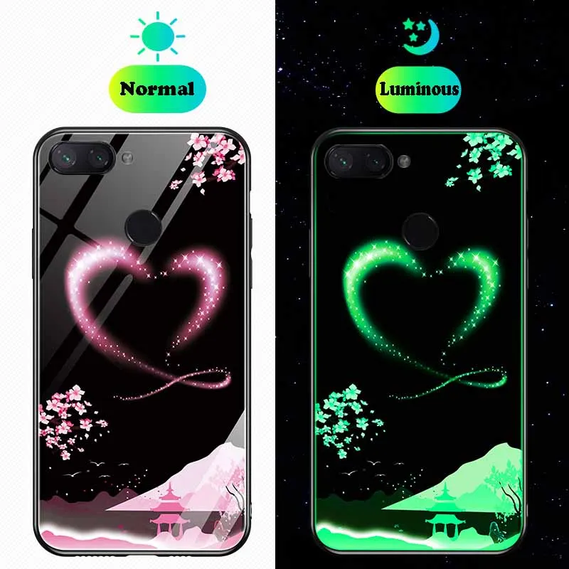 

Fashion Luminous Tempered Glass Cover For Xiaomi Mi 8 Lite A2 Night Light Soft TPU Silicone Bumper Coque for Xiaomi Mi 6X 8Lite