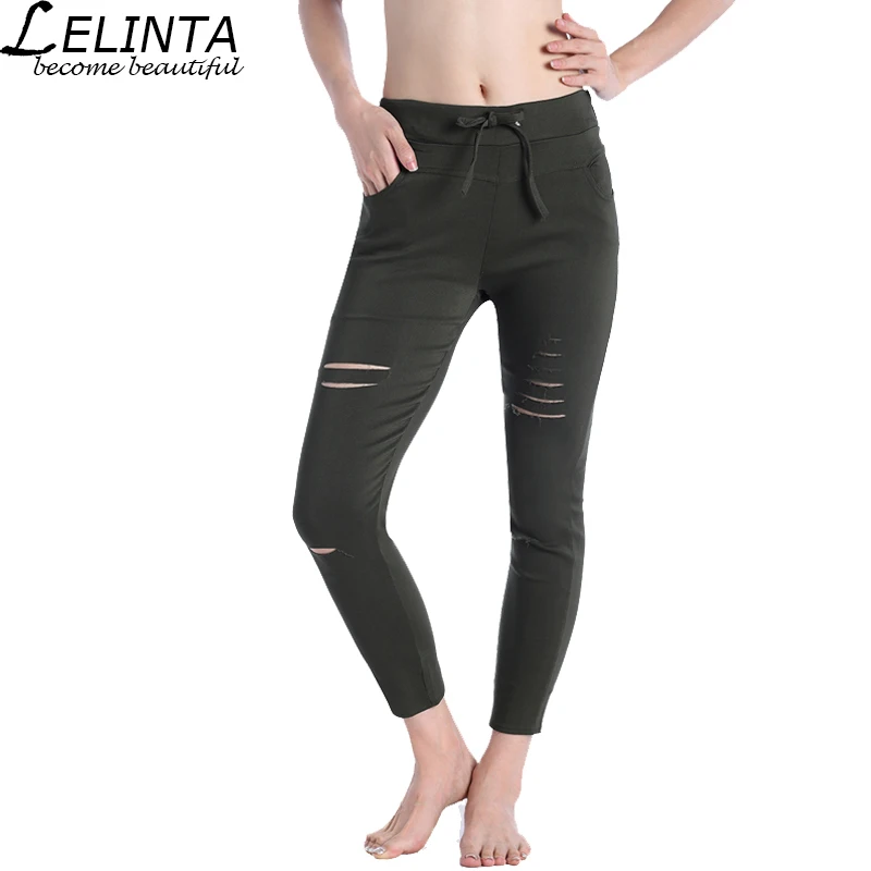LELINTA New Fshion Leggings Holes Pencil Stretch Casual Denim Skinny Ripped Pants High Waist Jeans Trousers Female Tights Pants
