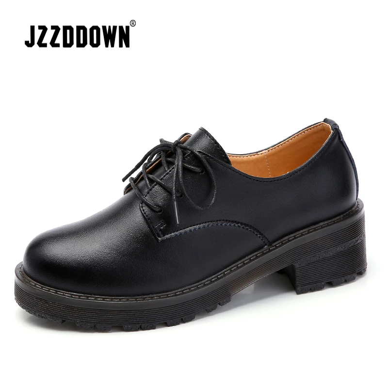 

Genuine Leather Women Oxford Shoes 2018 Spring Middle Heel Casual Boat Shoe Fashion Retro Pumps Loafers British Style Footwear