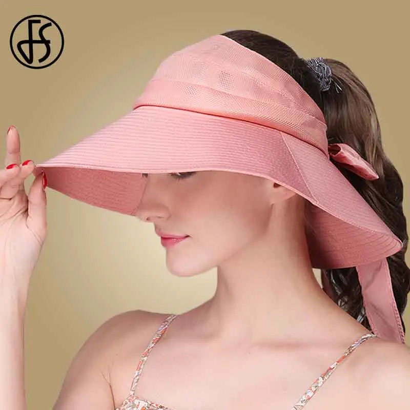 

FS Summer Large Brim Sun Hats For Women Fashion Floppy Beach Sunbonnet Wide Visors For Womens Polyester Caps UV Protect
