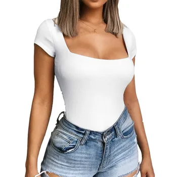 

Skinny Square Neck Bodysuit Women Short Sleeve Solid Casual Basic Rompers Summer Sexy Red Black White Bodycon Body Tops LX019