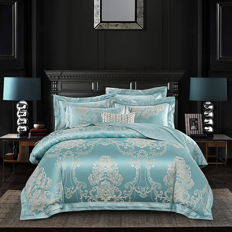

2018 European Green Duvet Cover Set Silk Cotton Blend Bedding Set Jacquard 4pc Queen King Bedlinens Sheet Pillowcases