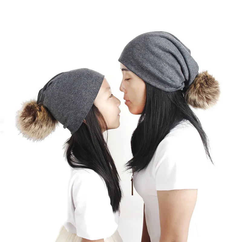 2017 Family Matching Caps Mother and Daughter Cotton Fur Hats Babies