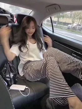 

Casual Two Piece Set Stripe Wide Leg Pants 2019 Summer Short Sleeve White Loose Top And Trousers Set Famale Suit Women's Sets