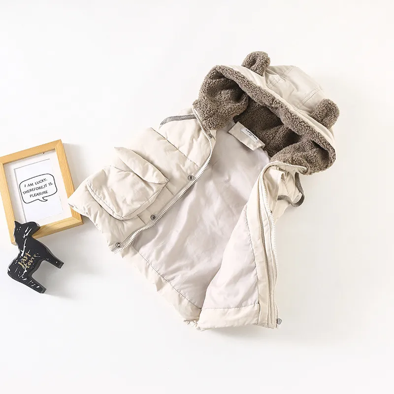 

Fashion Design Bear Ear Hooded Baby Vest Coats Cotton Fur Warm Winter Children Boys Girls Clothes Thicken Beige Infant Outwear