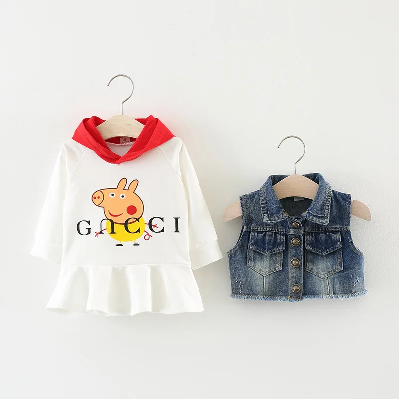 

2019 Baby Dress Fleece Two Suits Children Hooded Long-sleeved Dress Shirt Baby Cowboy Vest In The Spring And Autumn Clothing