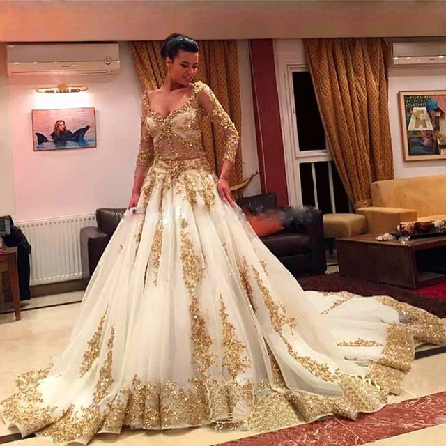 Luxury Long Sleeve White Gold Wedding Dresses With Train 2017 Luxury Long Sleeve White Gold Wedding Dresses With Train 2017 Vestido De Novia Lace Beaded