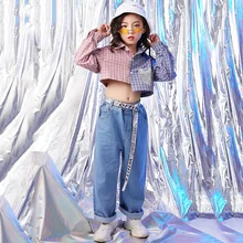 Костюм в стиле хип-хоп, детские танцевальные джазовые наряды, стеганая клетчатая рубашка, куртка, джинсы, Уличная Одежда для танцев для девочек, детская сценическая одежда, DN2781