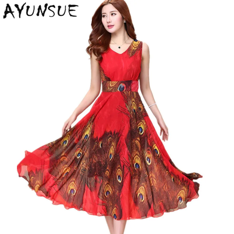 

Red V-neck Bohemian Summer Beach Dress Women 2019 Peacock Pattern Floral Dress Chiffon Robe Femme Ladies Dresses Vestido FYY458