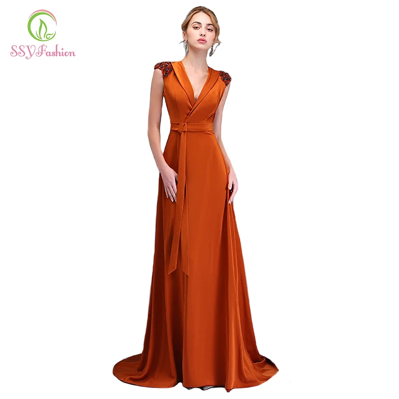 SSYFashion Новое Вечернее платье простой карамельный цвет Бисероплетение v образным