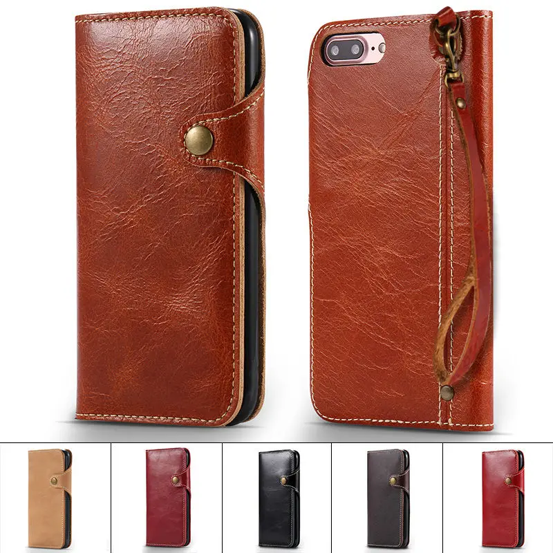 Button Retro Lanyard Book Flip Soft Real Genuine Leather Case for iPhone 6 s 6s 7
