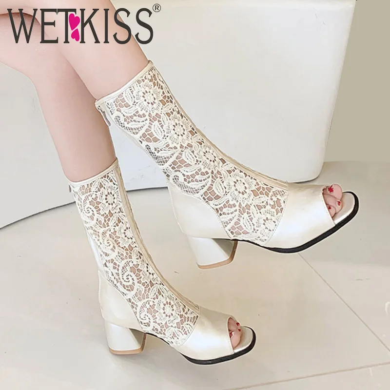 WETKISS/кружевные летние ботинки женские ботинки г. Белая обувь на толстом высоком каблуке Женская обувь с перекрестной шнуровкой и открытым носком Дамская обувь размера плюс 33-46