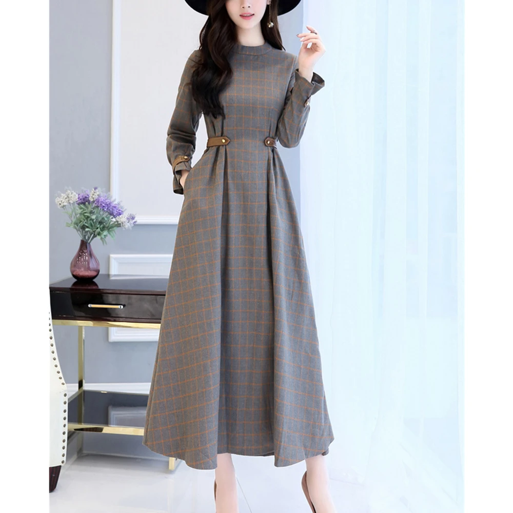 Women S Pleated Maxi Long Dress Retro Aline Autumn O Neck Women S Pleated Maxi Long Dress Retro Aline Autumn O Neck Sashes Ankle Length Full Plaid Dresses In From Clothing Accessories On