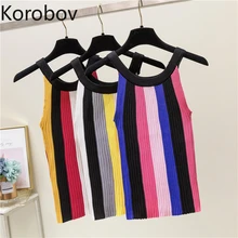 Коробов новые летние полосатые мозаичное яркое цветное пуловеры, свитер женский без рукавов с лямкой на шее, с круглым вырезом на осень и зиму Sueter Mujer трикотажные топы 78564