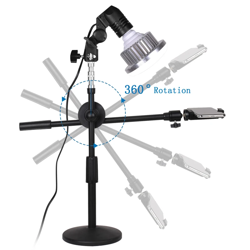  Desktop Photography Phone Shooting Bracket Stand+Boom Arm+LED Lamp+Reflector Softbox Continuous Lig