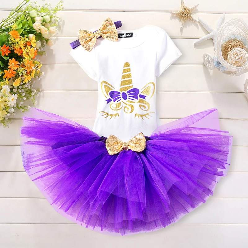 1 год, платье для маленьких девочек Единорог комбинезон+ платье-пачка+ одежда для новорождённых с повязкой на голову Крещение платье 1-я одежда на первый день рождения