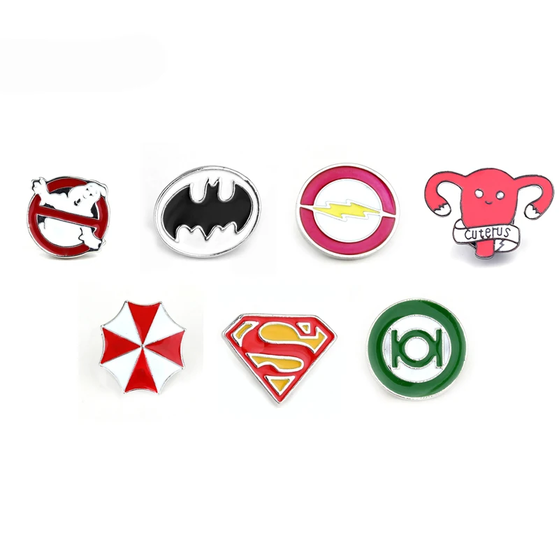 

20pcs/lot Deadpool Ghostbusters Batman Brooches Pins Flash Captain America Superman brooches for men badge Hat Tie Tack Brooch