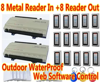 

8 Door Enter+Exit all Swipe card with 16 pcs Outside WaterProof IC M1 fare Card reader+Web browser control ip controller panel
