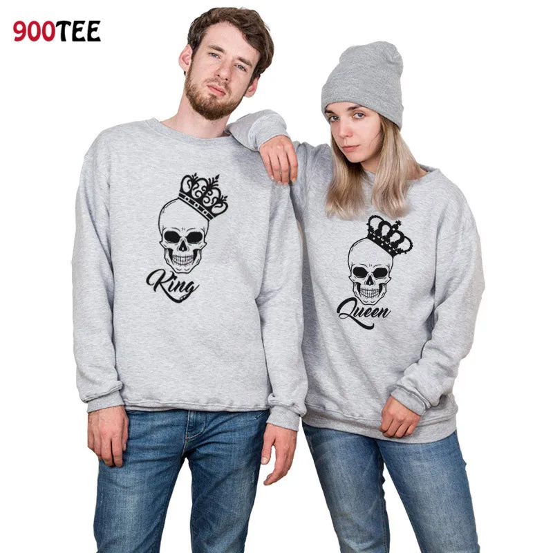 Cena Czaszki bluzy para nowy król królowa drukowane śmieszne kobiety bluzy z dzianiny jesień moda odzież dla par Streetwear kobiet góry