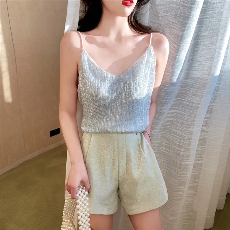 

Korean Sequins V-Neck Two Piece Suit Spaghetti Strap Tops Loose Wide Leg Shorts Women's Set Sexy Summer Outfit