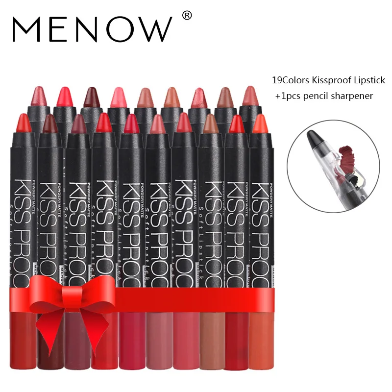 

Menow 19 Color/Set Lipstick kissproof Sexy Beauty Long Lasting Lipstick Pencil Gift +1 Pcs Pencil Sharpener