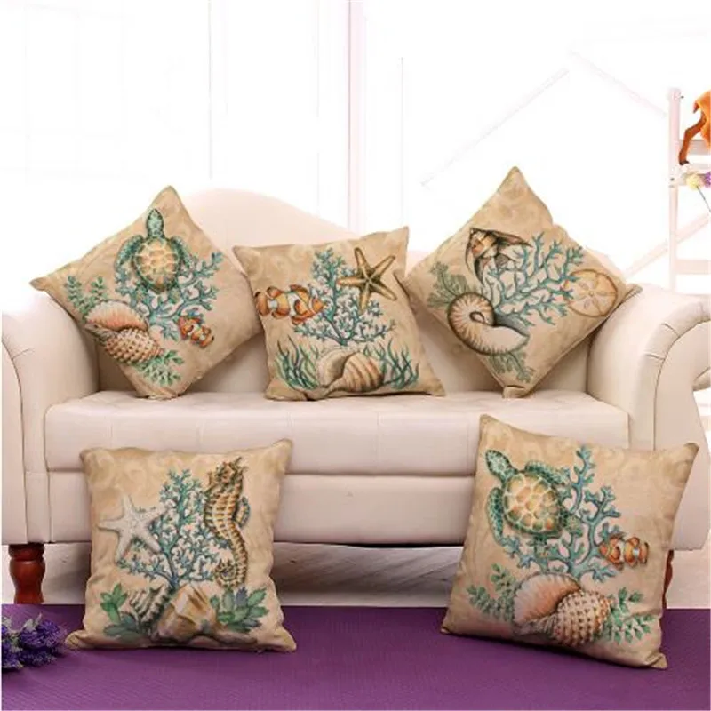 

Cotton Linen Creative Marine Ocean Style Sea Horse Fish Pattern Decorative Cushion Covers For Sofa Chair Home Decor