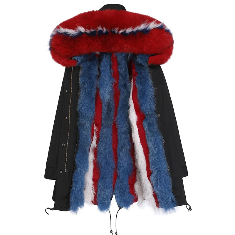 

Long Real Fox Fur with Rabbit Detachable Liner Parka Winter Black Jacket Coats Thick Parkas Real Red Fox Collar Hooded Outwear