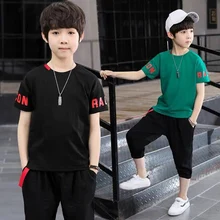 Одежда для мальчиков, футболка с буквами+ черные шорты, спортивный костюм из 2 предметов для мальчиков-подростков, одежда для детей 6, 8, 10, 12, 13 лет