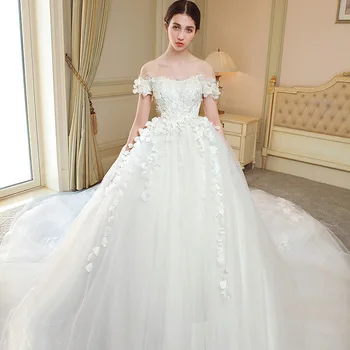 

Women's luxury off shoulder lace applique wedding dresses round neck wedding gown dropshipping свадебное платье vestido de novia