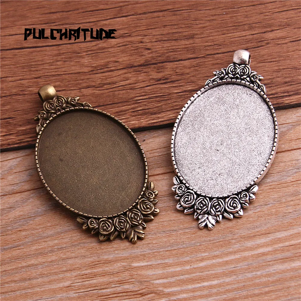

PULCHRITUDE New Fashion 2pcs/lot 30x40mm Inner Size Two Color Flowers Style Cabochon Base Setting Charms Pendant T6423
