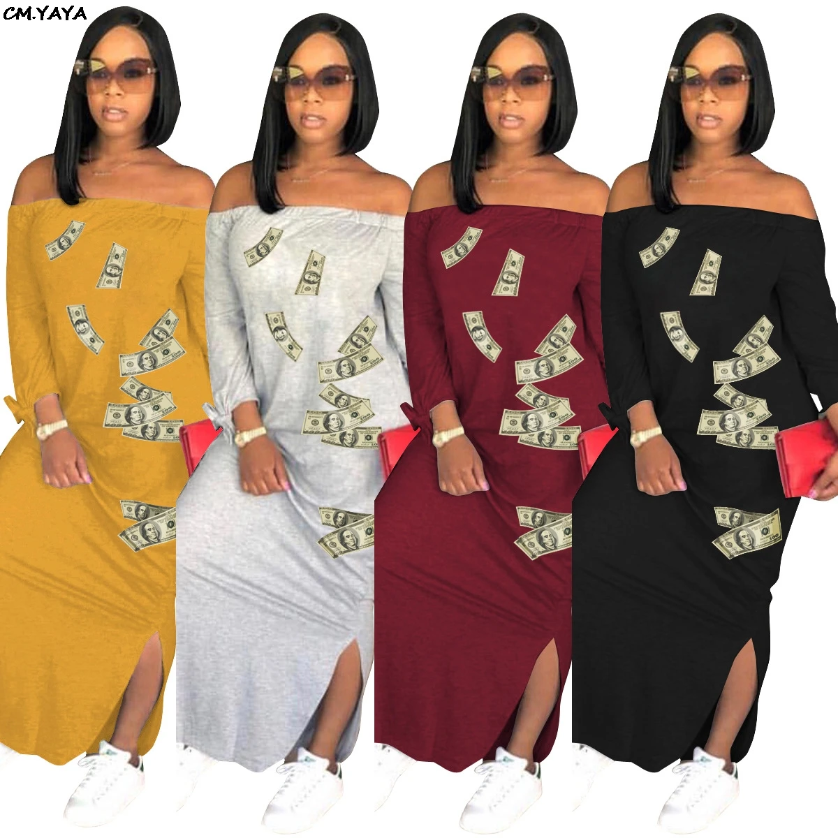 

2019 new women summer US Dollar print off shoulder side split slim maxi long sleeve dress fashion classic long dresses ALS104