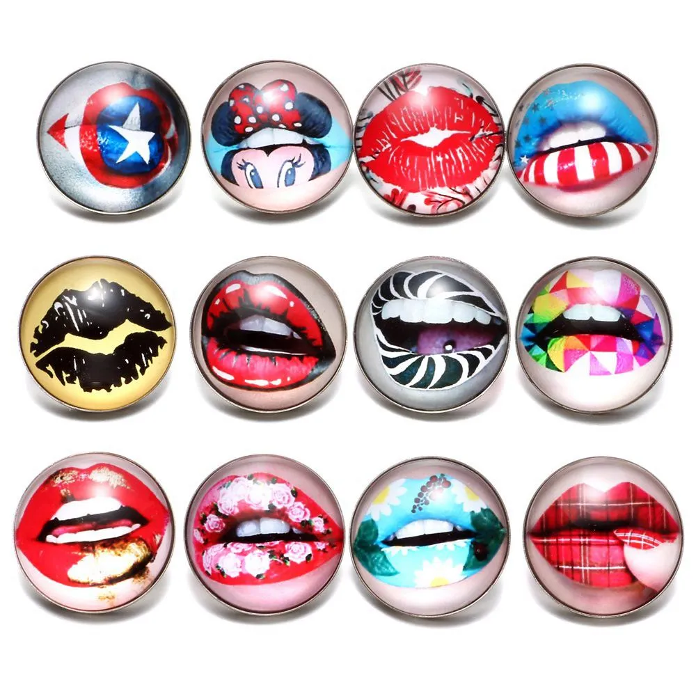 

12pcs/lot Sexy Lips Theme 18mm Glass Snap Button Charms For 18mm Snaps Bracelet Snap Jewelry KZ0652
