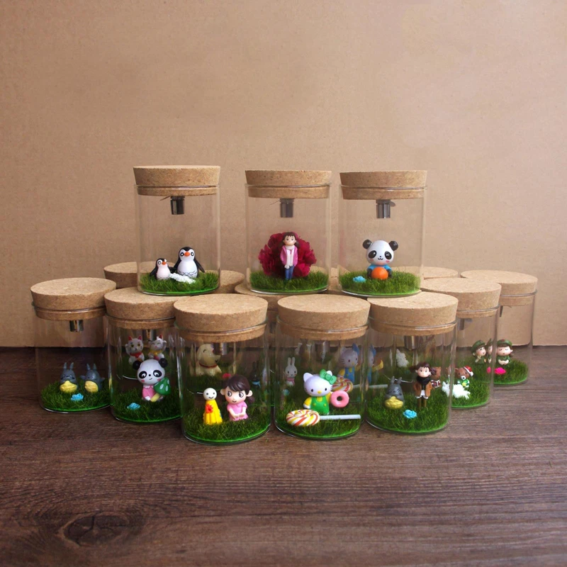 

Small Transparent Glass Bottles Bryophytes and Figurine Bottle with Cork and RGB LED Light Home Holiday Table Decoration Gift