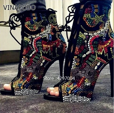 Hot-Nicki-Crystal-Covered-Comic-Open-toe-Lace-up-High-Heel-Women-Booties-Mixed-Colors-Rhinestone