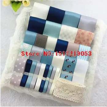 

Free shipping 30meter 30 designs mixed Vintage blue series diy hairbow accessory material satin/grosgrain/cotton lace ribbon set