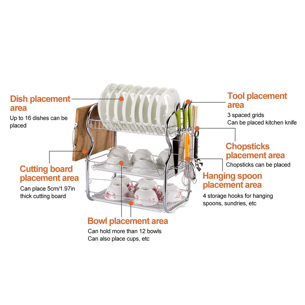 Многофункциональное хранение металлические кухня сушилка 3 уровня хромированная подставка-сушилка для посуды Кухня для хранения с сушилкой для посуды и столовые приборы: чашки со сушилкой для посуды