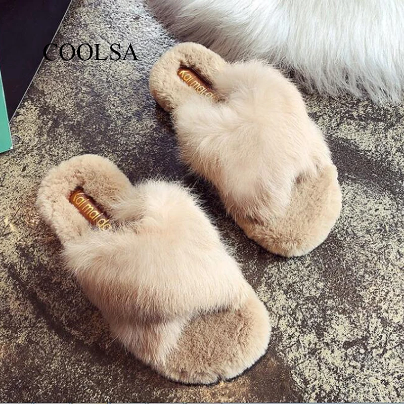 COOLSA Women's Fluffy Rabbit Fur Slippers Fashion Indoor Cross Fur Slides Casual Push Cotton Flip Flops Large Size Shoes