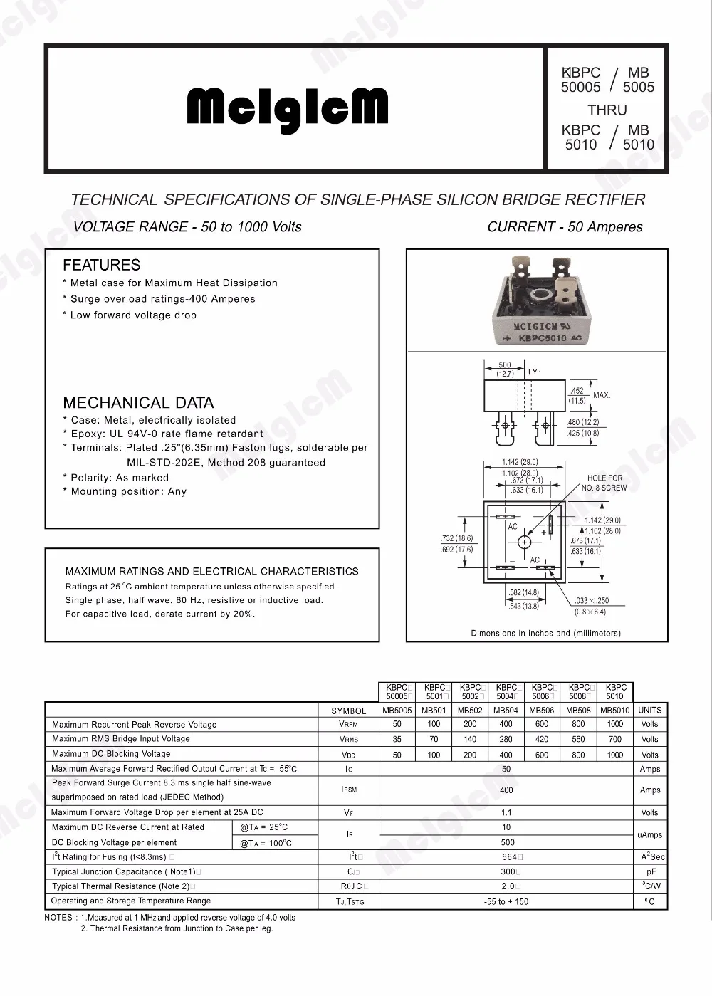 MCIGICM 1PCS 50A 1000V diode bridge rectifier kbpc5010