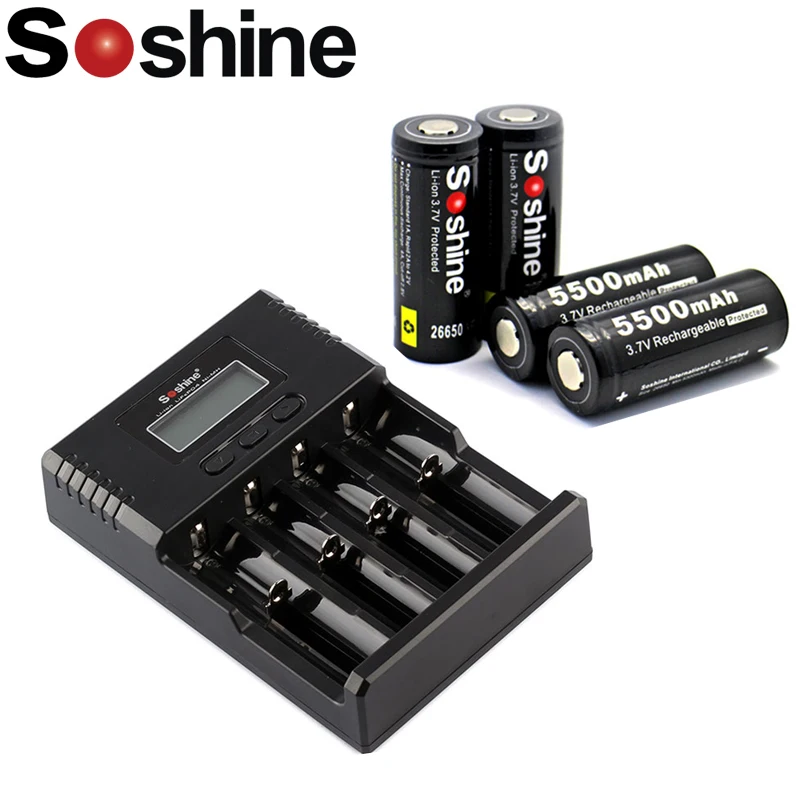 4 шт./лот Soshine 26650 3 7 В 5500 мАч Защищенный Литий ионный аккумулятор + H4 Li Ion слотное