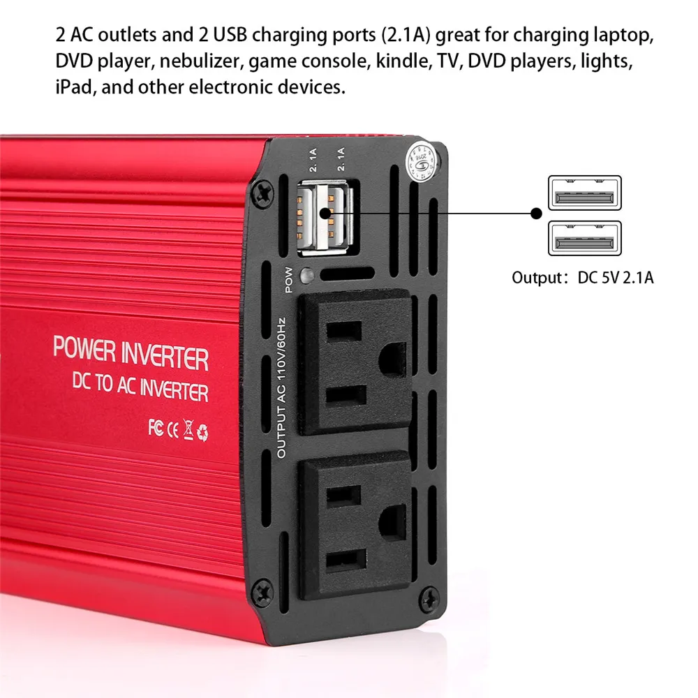 12 В постоянного тока в переменный ток 110V Авто Мощность, инвертор с чистым синусом и конвертер адаптер 300 Вт зарядных порта USB для автомобиля Зарядное устройство 600 Вт пиковый Мощность штепсельная вилка стандарта США