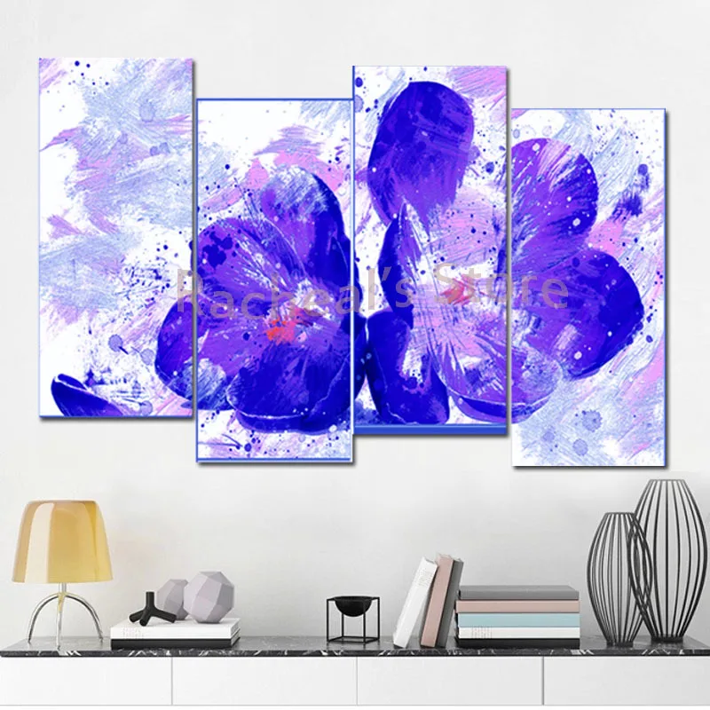 

Hand Painted 4 Panels/Set Purple Blue Floral Paintings Flower Wall Art Home Decor For Living Room/Bedroom/Office Wall Picture