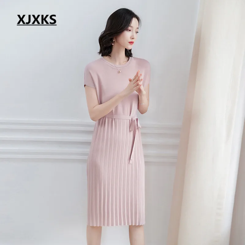 

XJXKS Women's knitting dress 2019 spring and summer new fashion round neck short sleeve comfortable linen casual robe femme