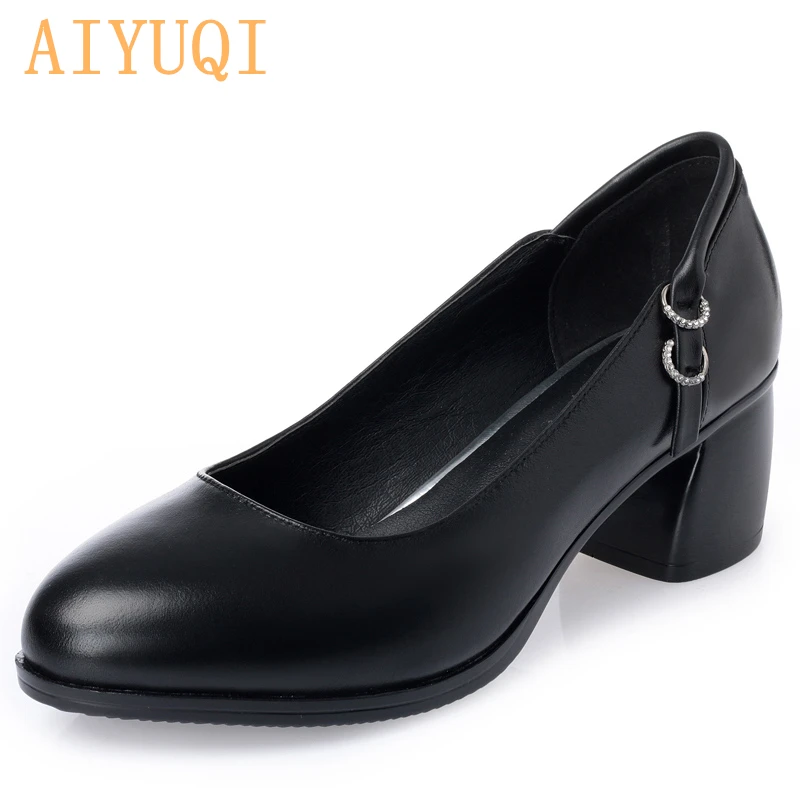 AIYUQI 2020 New genuine leather ladies shoes heel women closed toe loafer heels women party shoes purse platform afbeelding