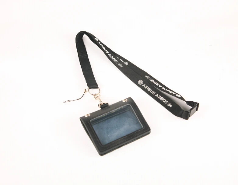 Airbus A350 Black Lanyard Belt with ID Case Badge Holder Genuine leather Holder Double Layer Two