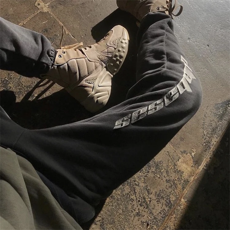 

Best Version Kanye West Letter Embroidery Sweatpants Hiphop Loose Fit Vintage Grey Jogger Pants Elastic Cuffs Streetwear