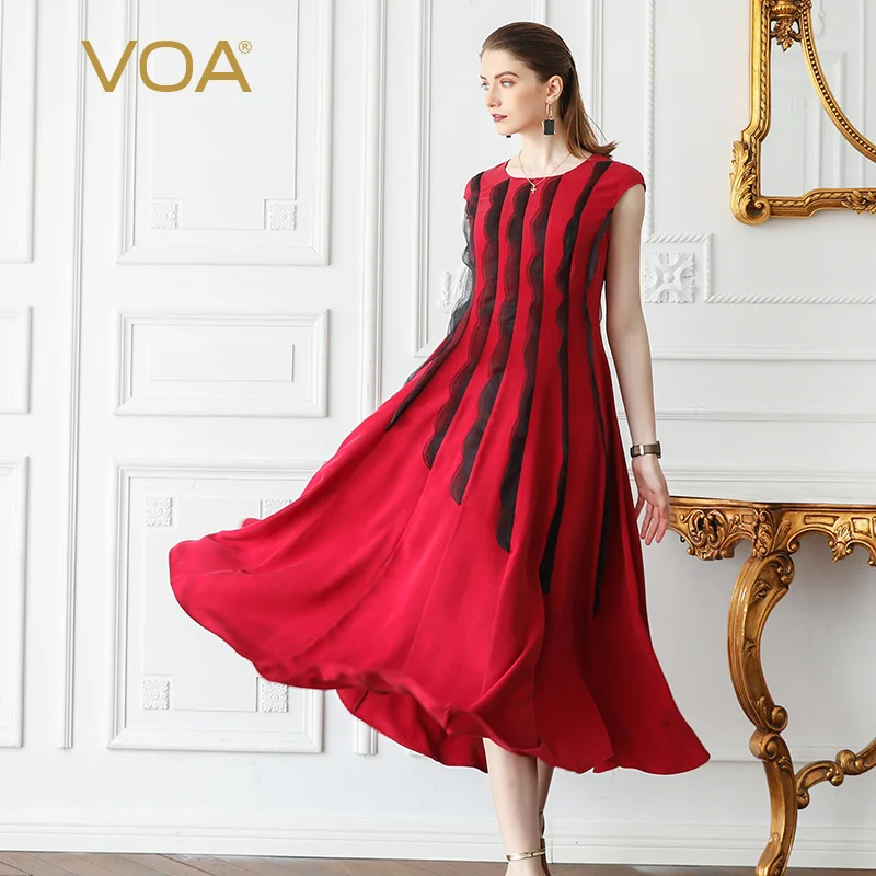 VOA Heavy Silk Pleated Party Dress Runway Red Swing Long Dresses Women