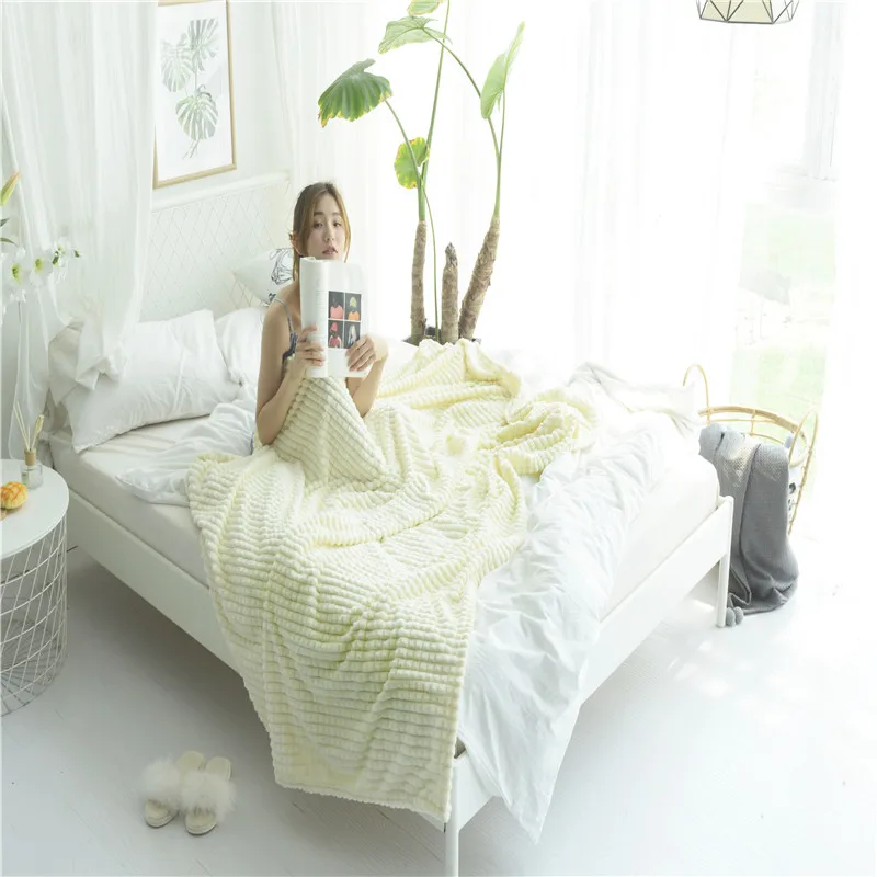 

Simple Light Yellow Small Square Solid Color 1PCS Soft Warm Solid Warm Micro Plush Fleece Blanket Throw Rug Sofa Bedding Blanket
